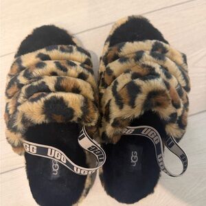 UGG Leopard Faux-Fur Slide Sandals in Black and Brown